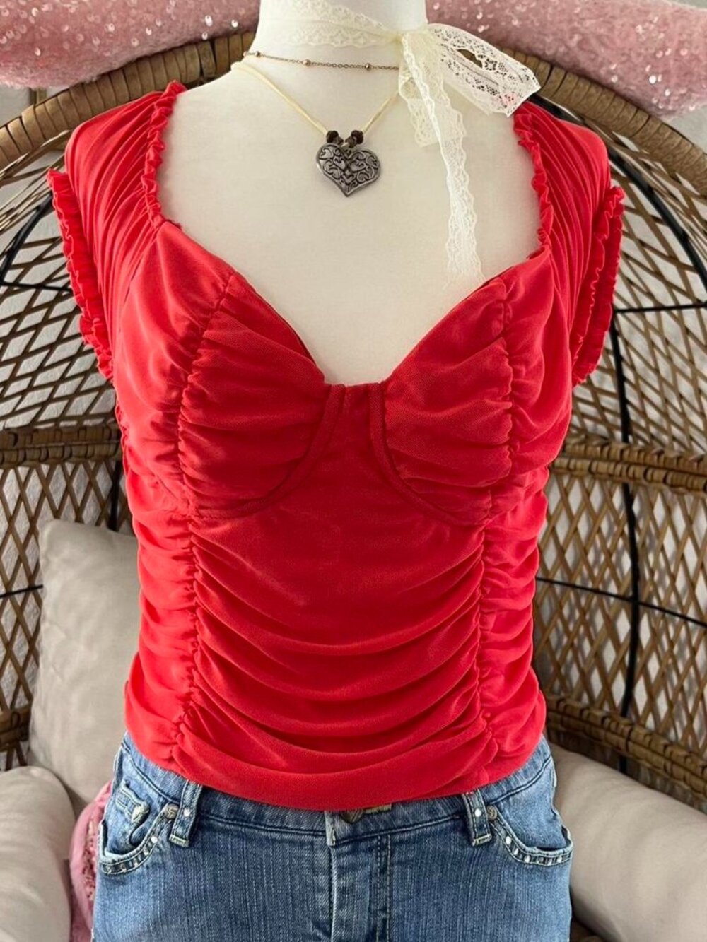 Red Ruched Mesh Bustier Top | Size L Coquette Sweetheart Style